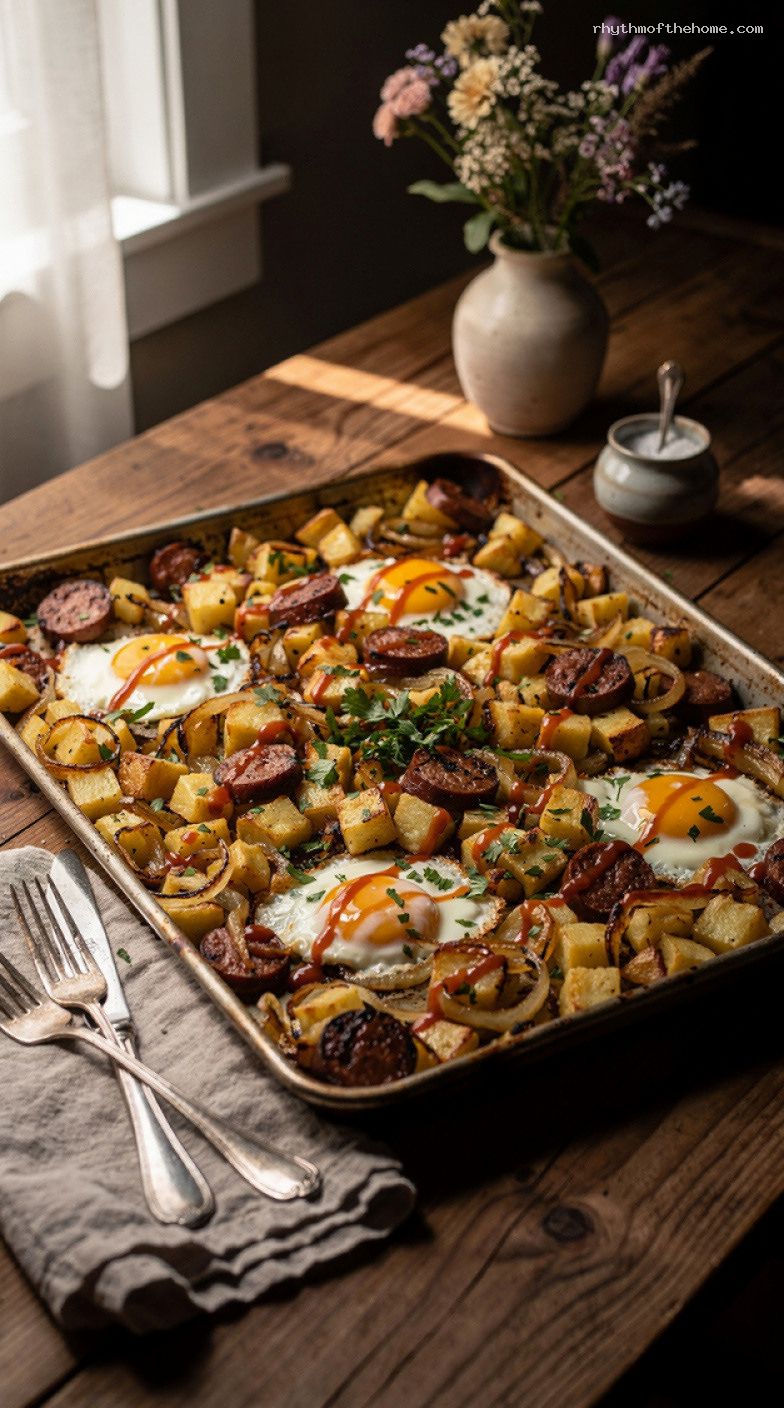 Sheet-Pan Breakfast Hash With Sausage and Baked Eggs