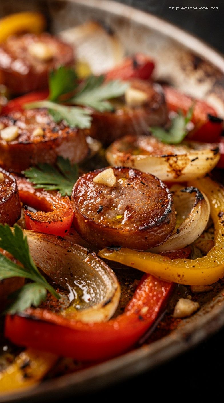 Sheet-Pan Kielbasa With Peppers and Onions – Closeup