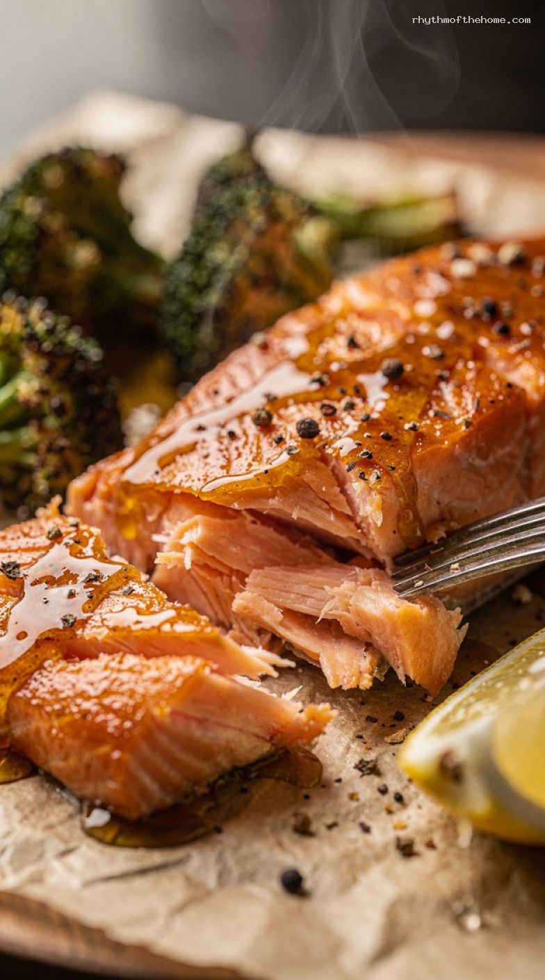 Sheet Pan Maple Dijon Salmon and Roasted Broccoli – Closeup