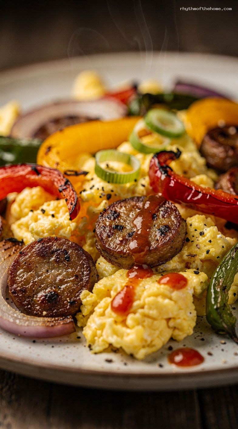 Sheet Pan Sausage and Veggie Egg Scramble – Closeup
