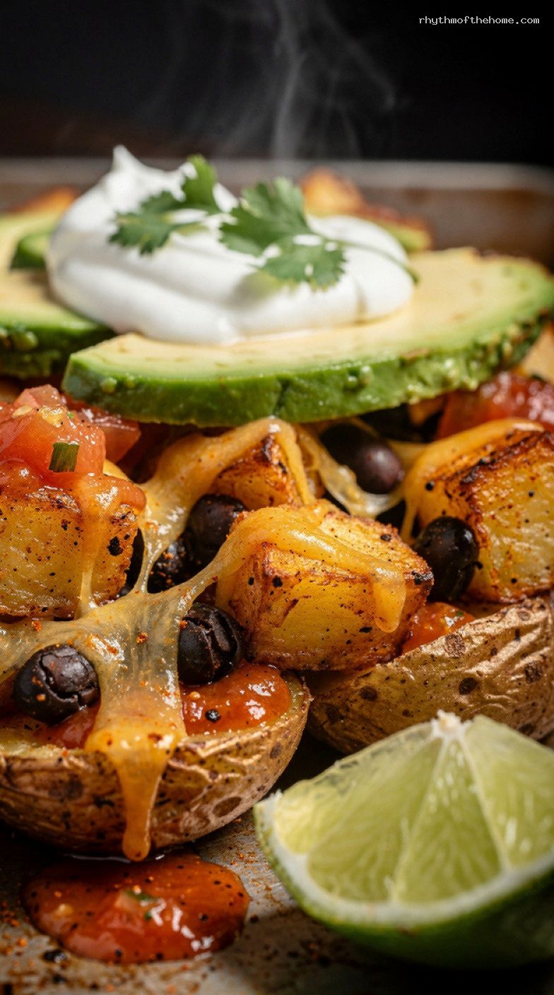 Sheet Pan Taco Potatoes With Black Beans and Cheese – Closeup