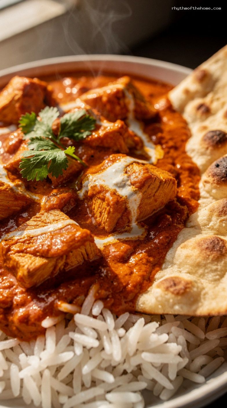 Shortcut Butter Chicken with Jarred Sauce and Microwave Rice – Closeup