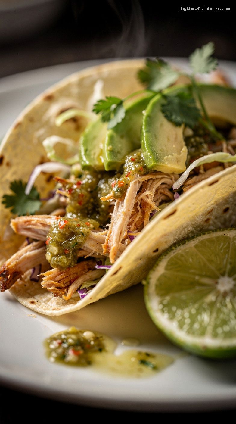 Slow Cooker Salsa Verde Shredded Chicken Tacos and Bowls – Closeup
