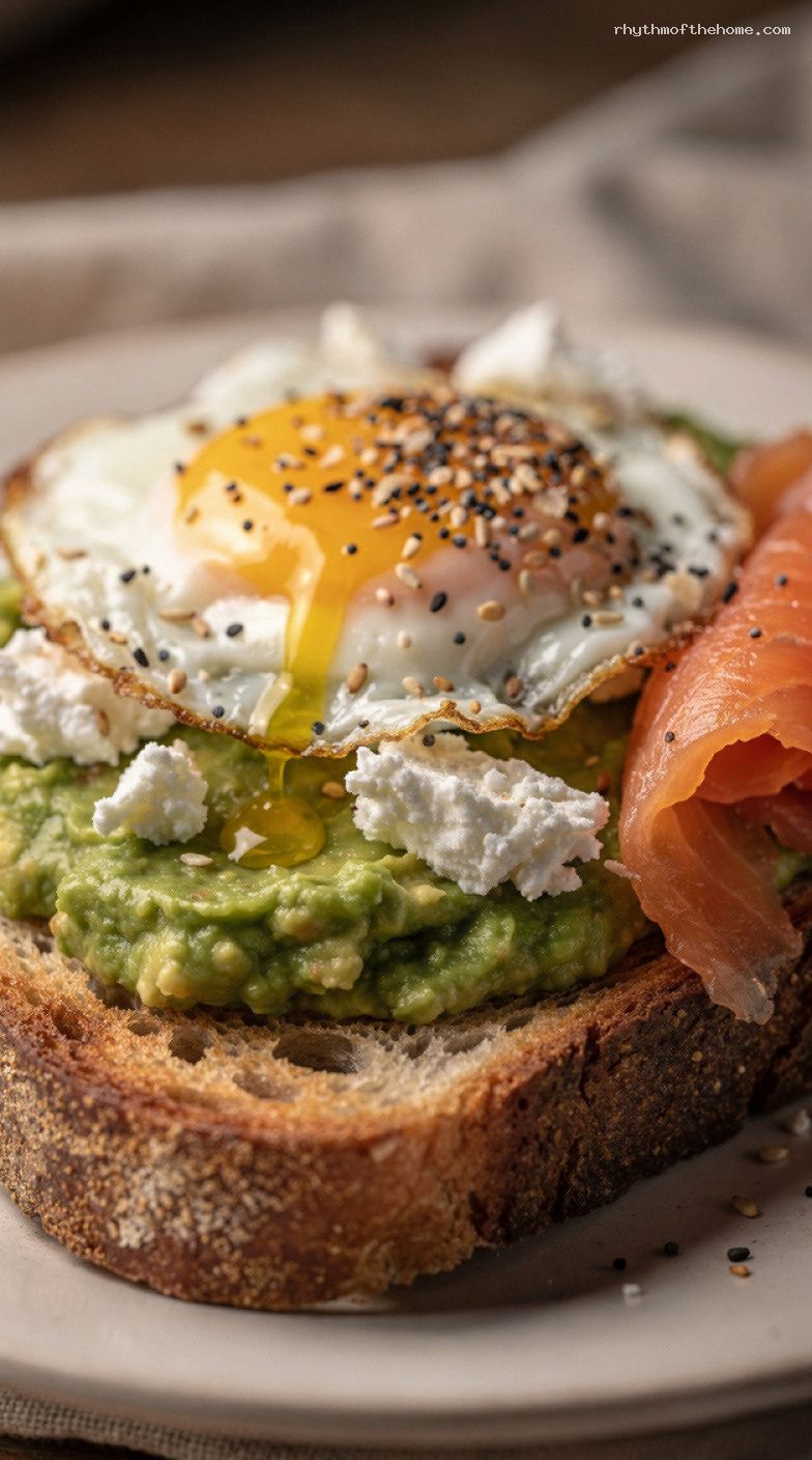 Smashed Avocado and Egg Toast With Easy Toppings – Closeup