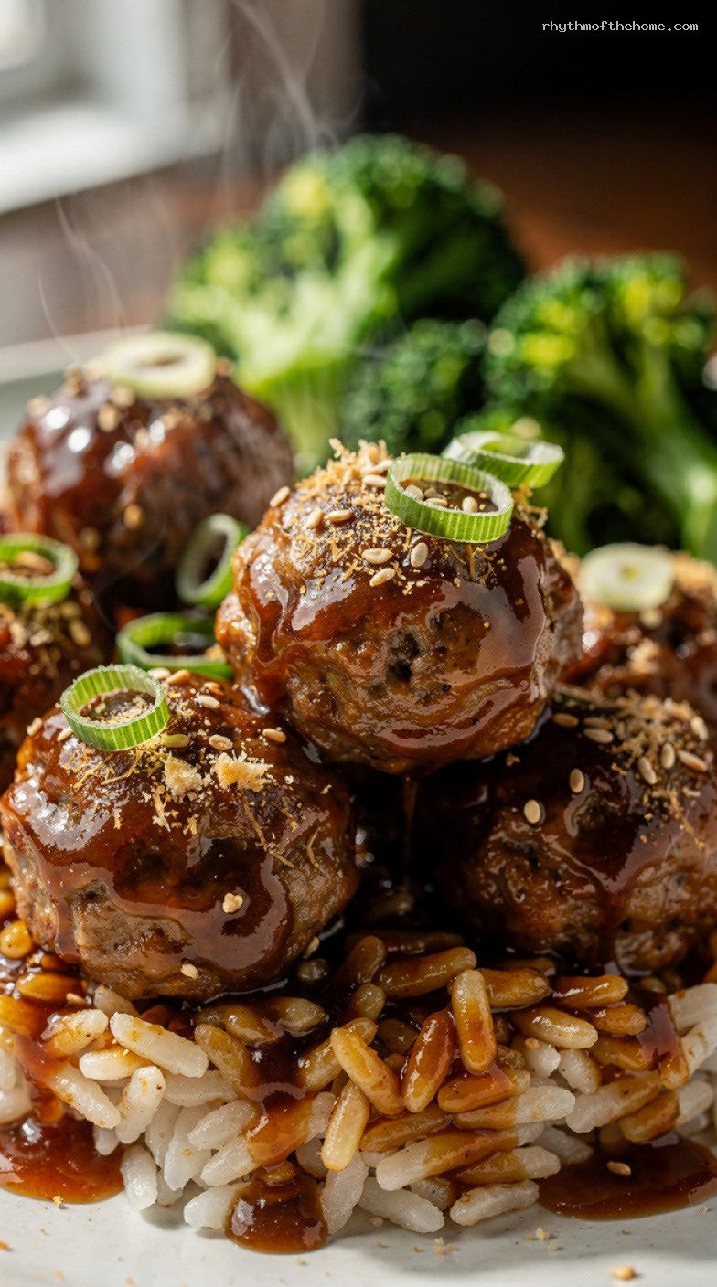 Soy-Ginger Dump Meatballs Over Rice With Broccoli – Closeup