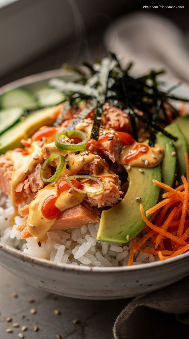 Spicy Salmon Sushi Bowl With Avocado, Cucumber, and Nori – Closeup