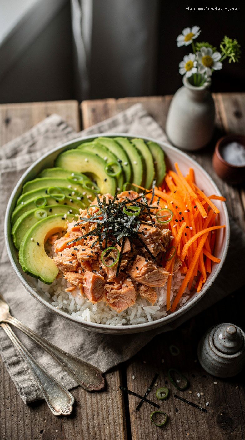 Spicy Salmon Sushi Bowl With Avocado, Cucumber, and Nori