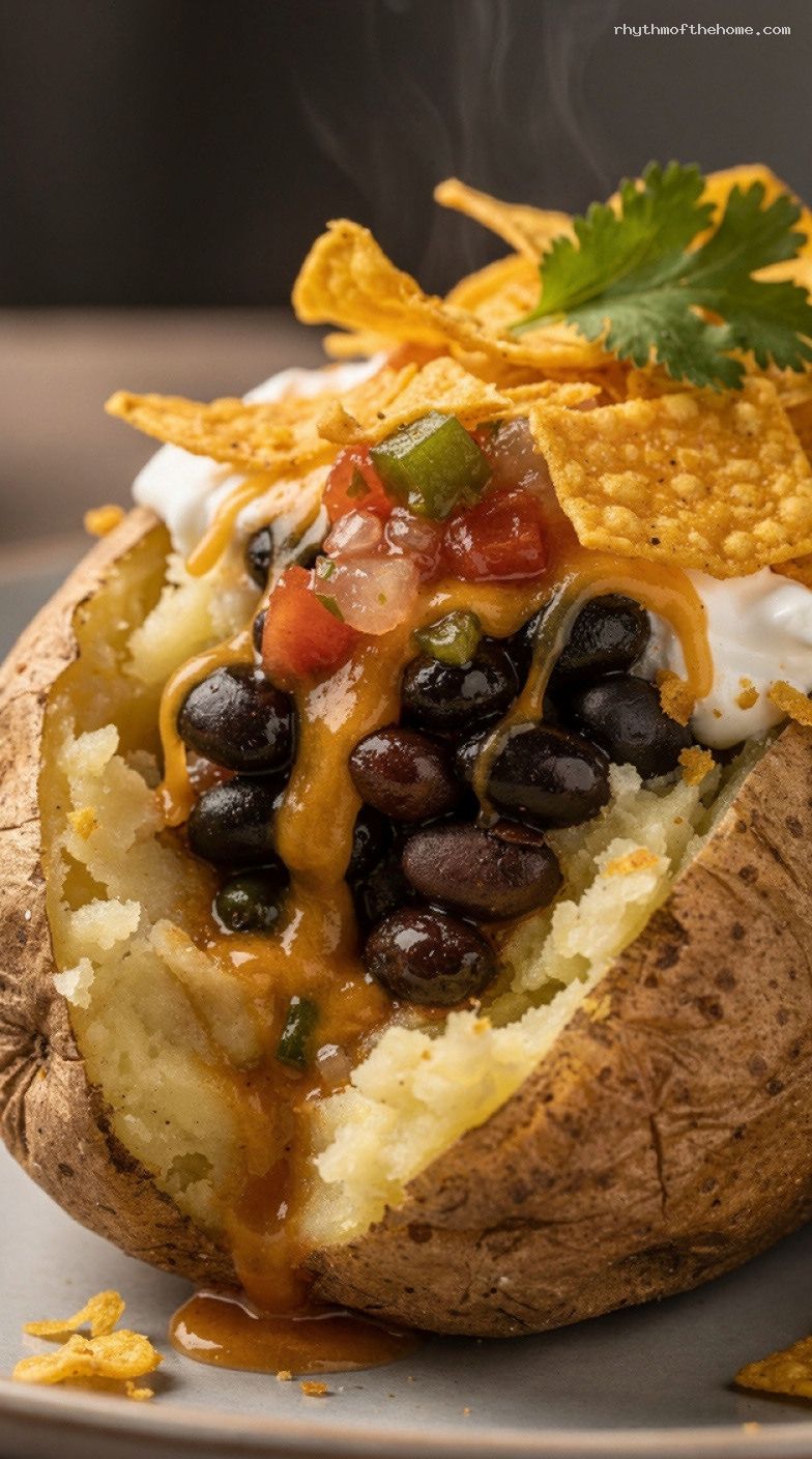 Taco-Style Baked Potato With Chili, Cheese, and Crunchy Chips – Closeup