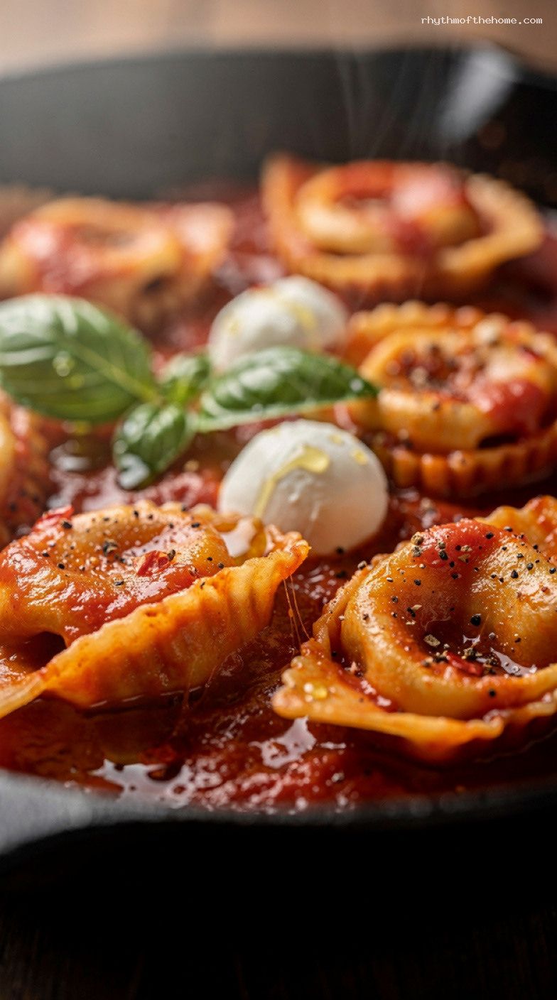 Tomato Mozzarella Tortellini Skillet with Basil and Olive Oil – Closeup