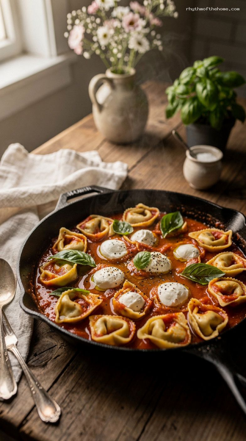 Tomato Mozzarella Tortellini Skillet with Basil and Olive Oil