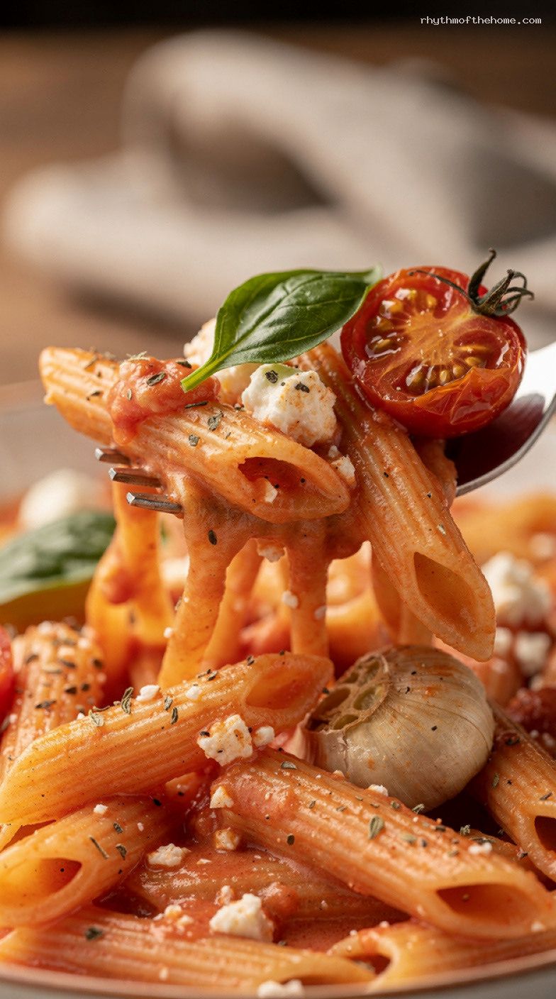 Viral Baked Feta Pasta with Jammy Cherry Tomatoes – Closeup