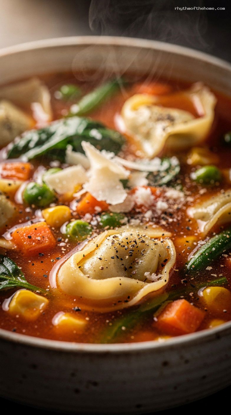 Weeknight Tortellini Vegetable Soup with Spinach and Parmesan – Closeup
