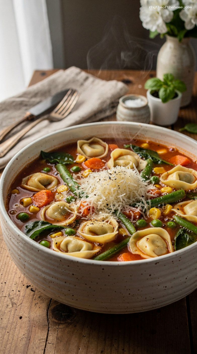 Weeknight Tortellini Vegetable Soup with Spinach and Parmesan