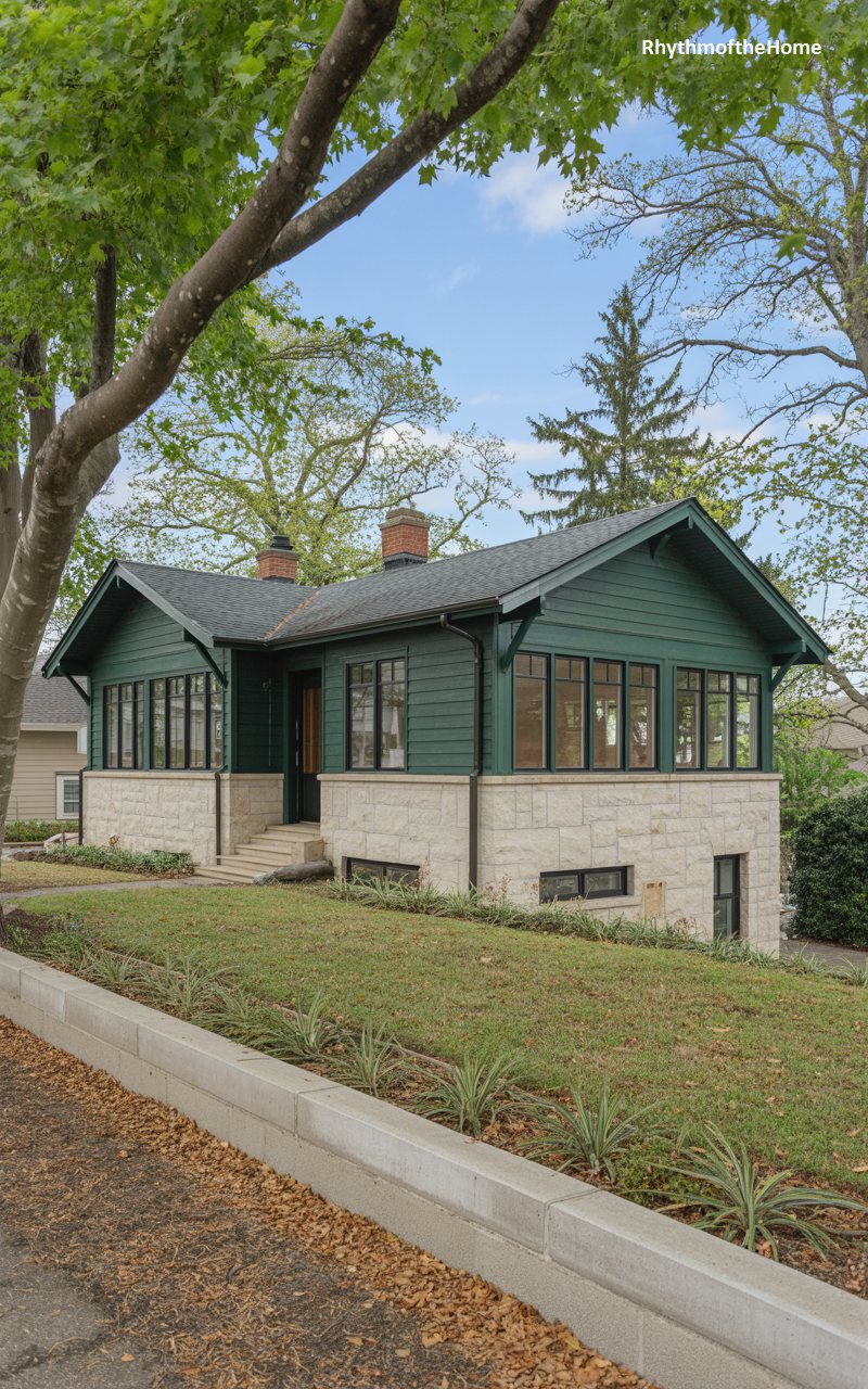 Stone Base Green Craftsman Home