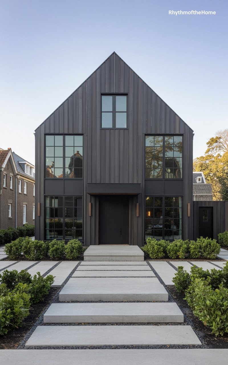 Dark Vertical Siding Dutch Colonial Home