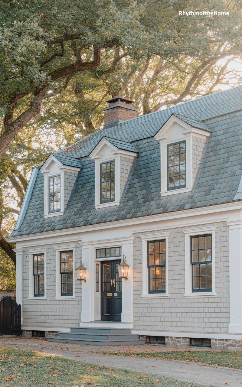 Grey Shingle Style Dutch Colonial Home