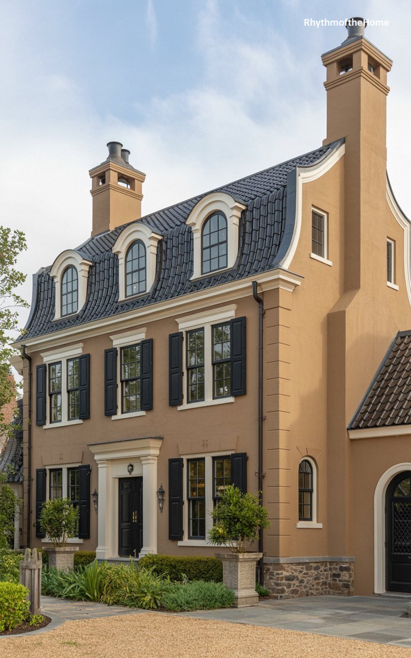 Tan Stucco Manor Dutch Colonial Home