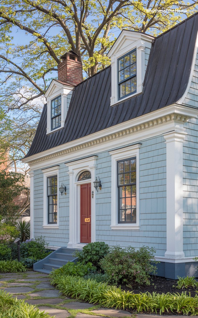 Light Blue Shingled Dutch Colonial Home