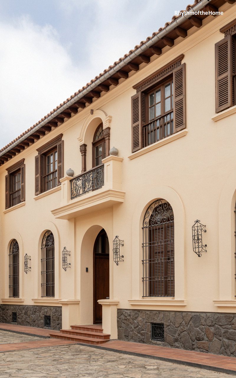 Rusticated Stone Base and Iron Window Grilles on a Spanish Colonial Home