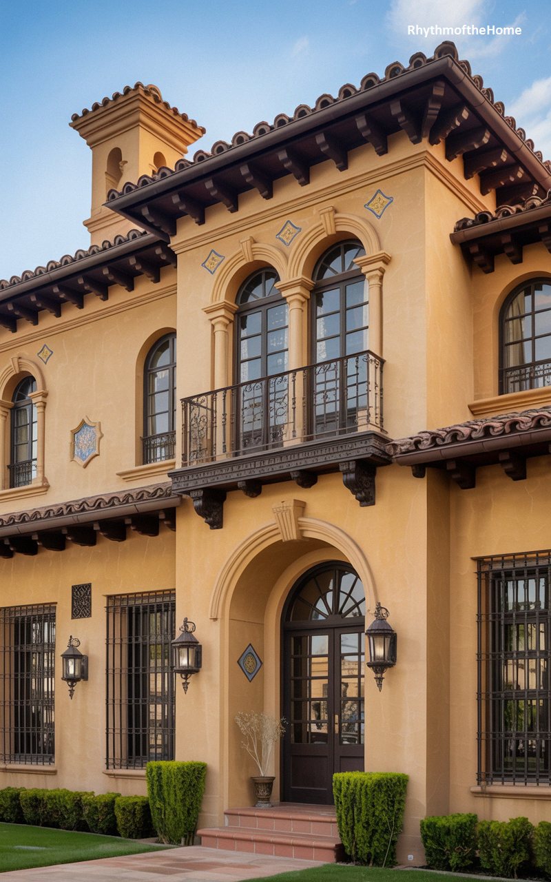 Vibrant Ochre Stucco and Blue Tile Accents on a Spanish Colonial Home