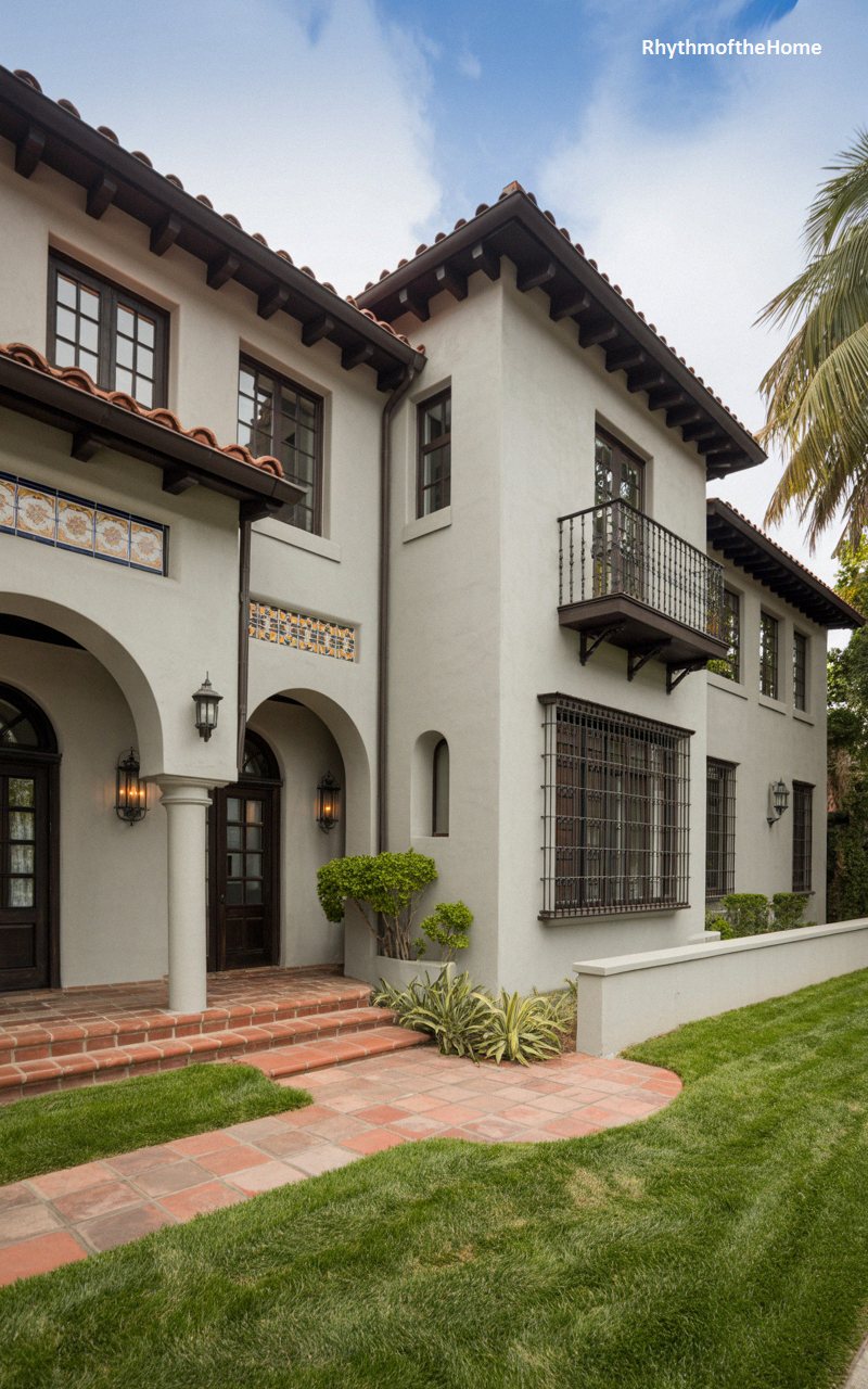 Colorful Tile Frieze and Brick Pathways of a Spanish Colonial Home
