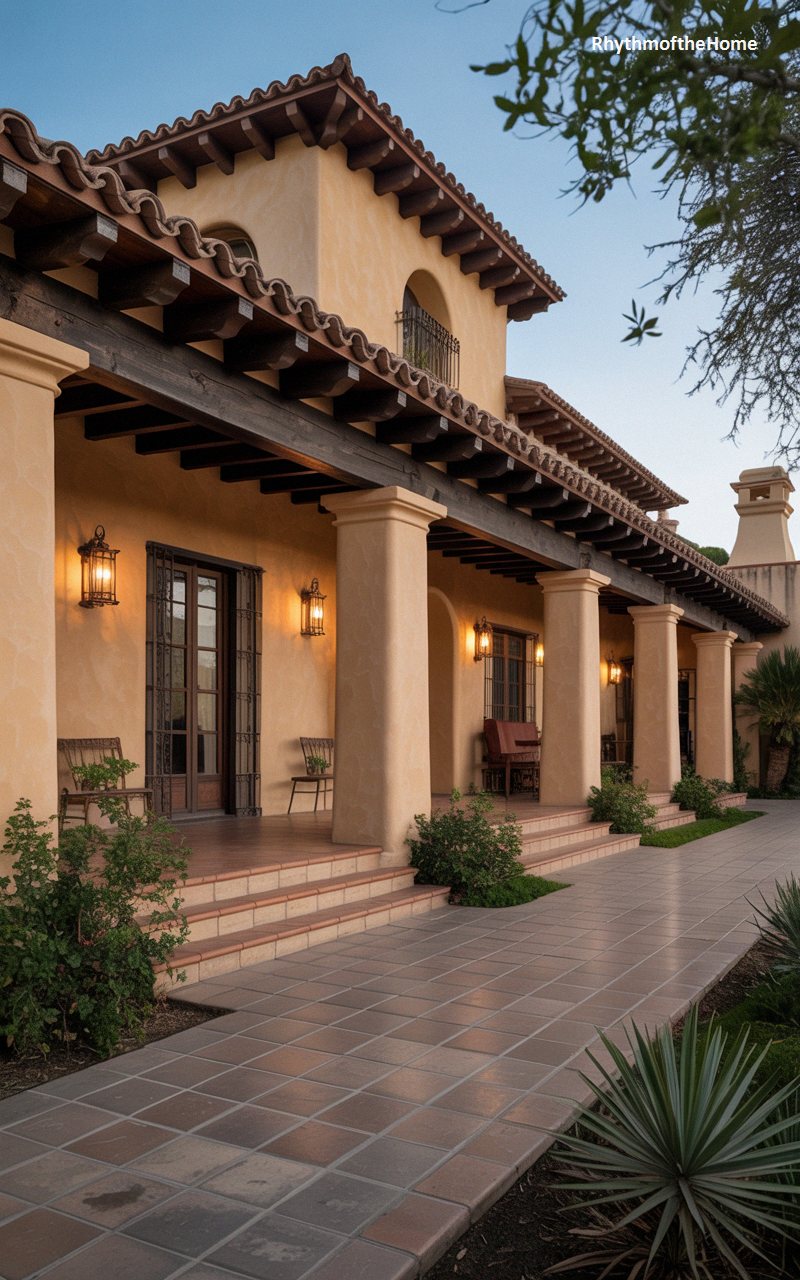 Expansive Timber Veranda and Glowing Arches of a Spanish Colonial Home