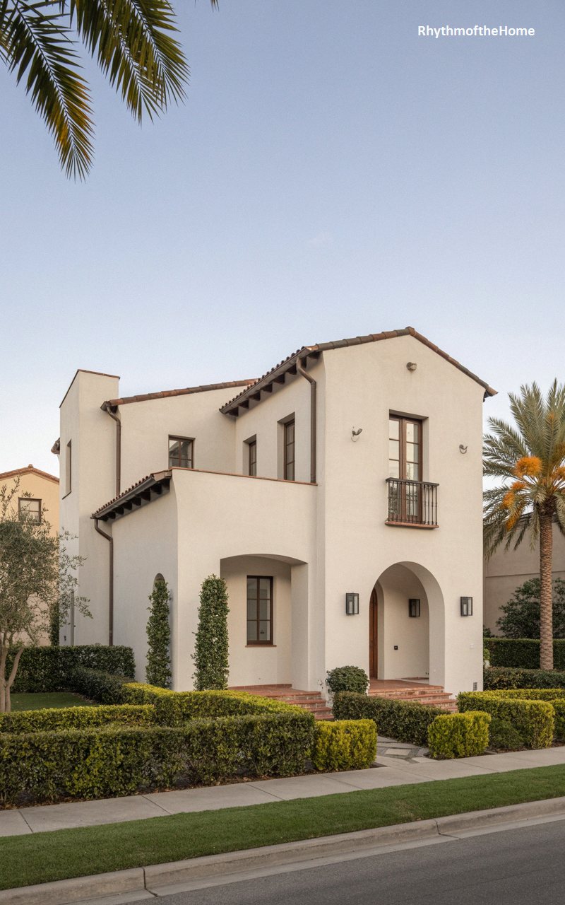 Stately White Facade and Wrought Iron Balconies on a Spanish Colonial Home