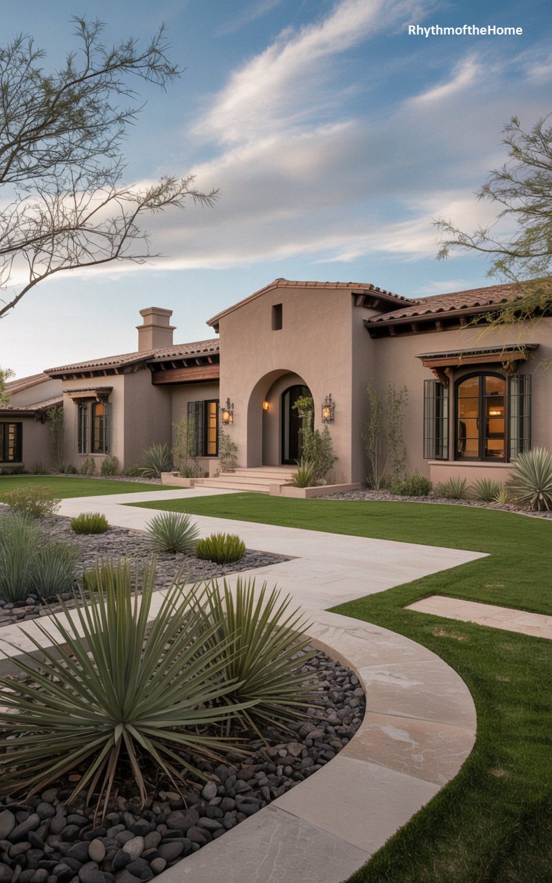 Modern Landscaping at a Symmetrical Spanish Colonial Home