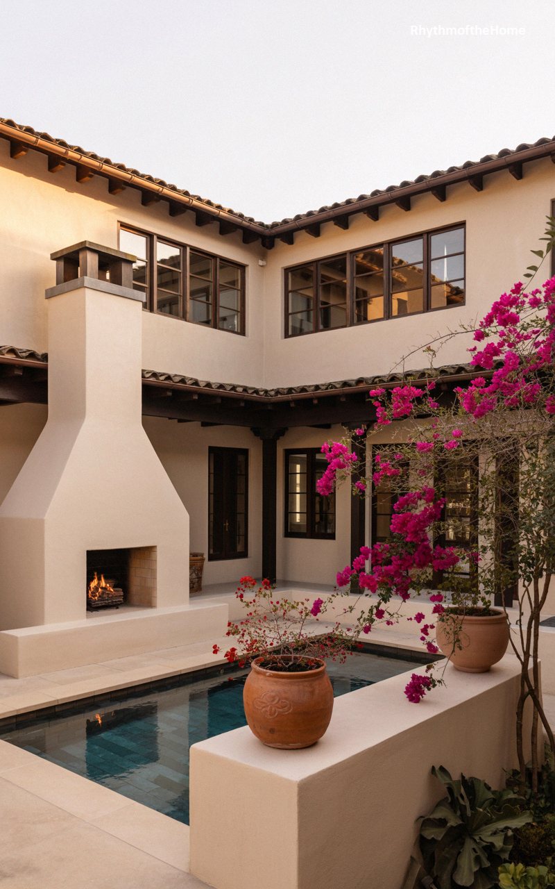 Vibrant Bougainvillea and Courtyard Pool at a Spanish Colonial Home