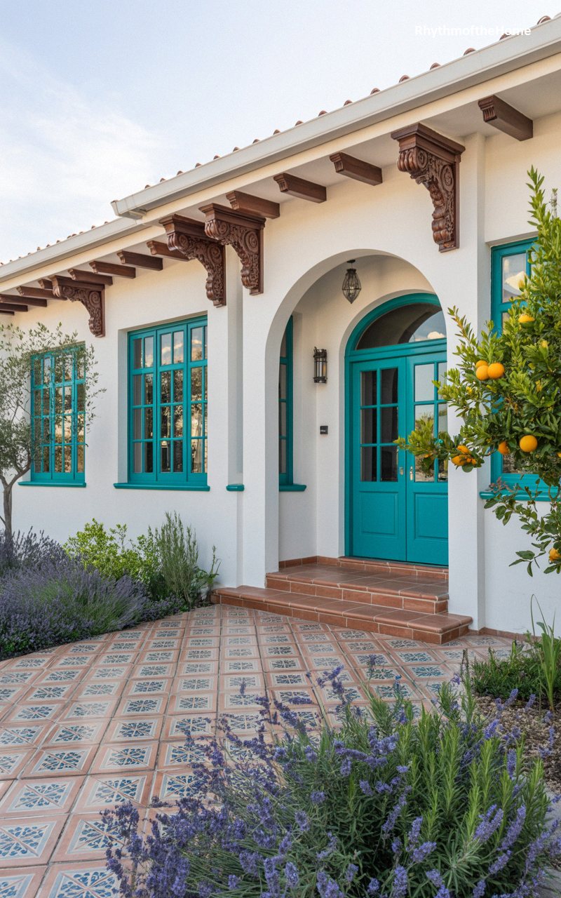Vibrant Teal Accents and Tiled Patios at a Spanish Colonial Home