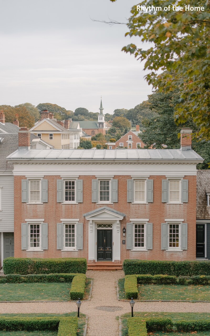 Wide Brick Facade on a Landscaped Federal Home