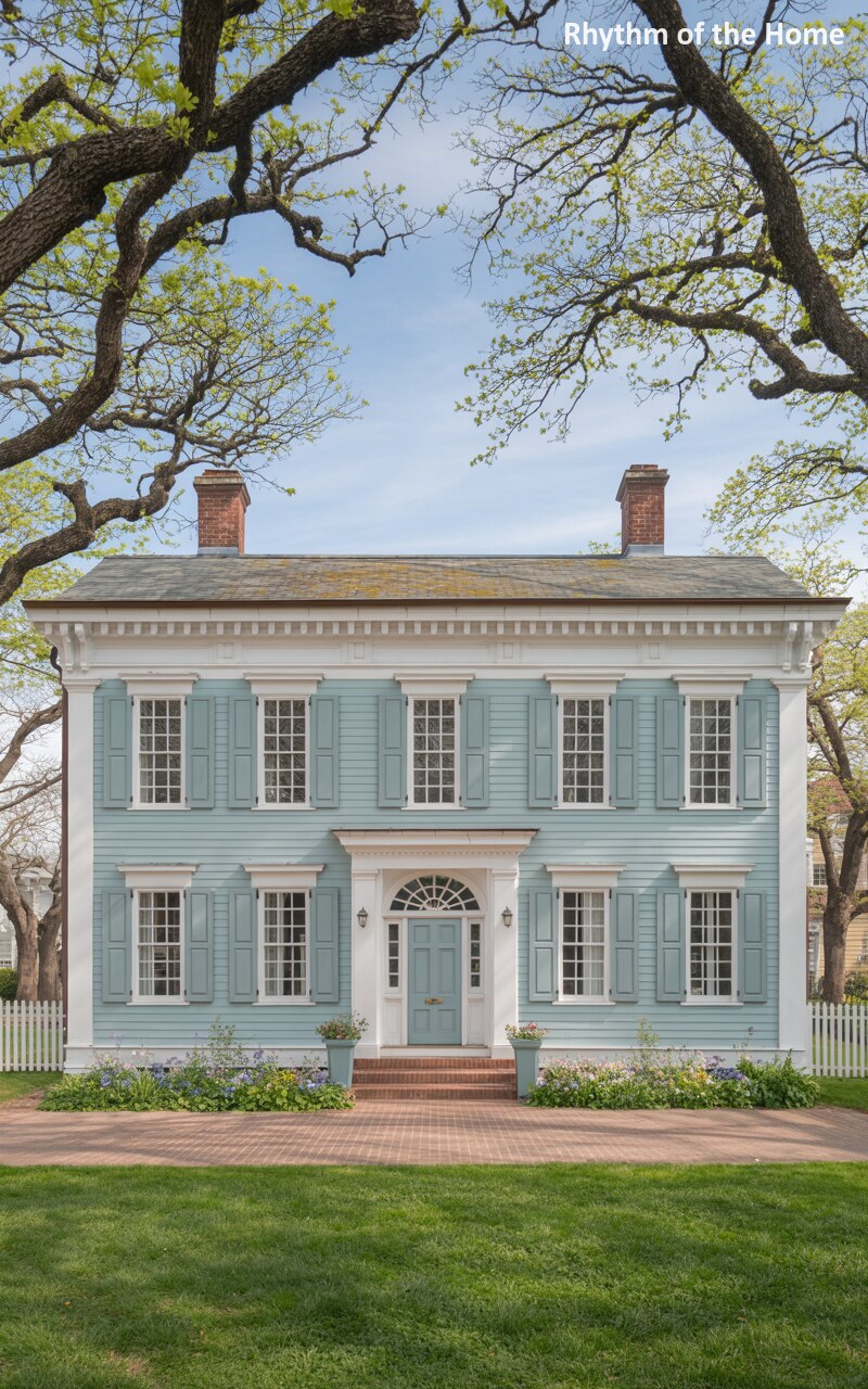 Powder Blue Siding Framed by Oaks Federal Home